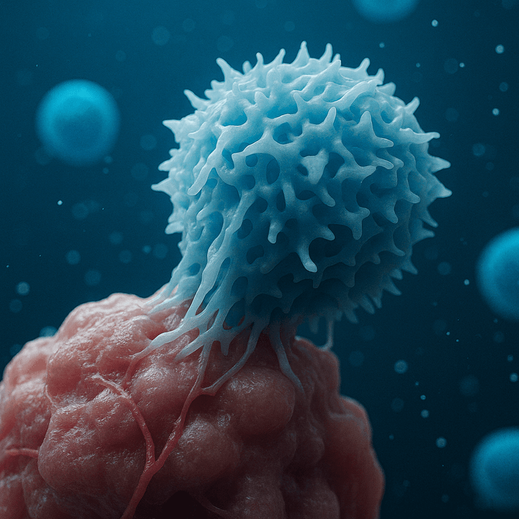 T cell interacting with tumor cell showing enhanced infiltration potential