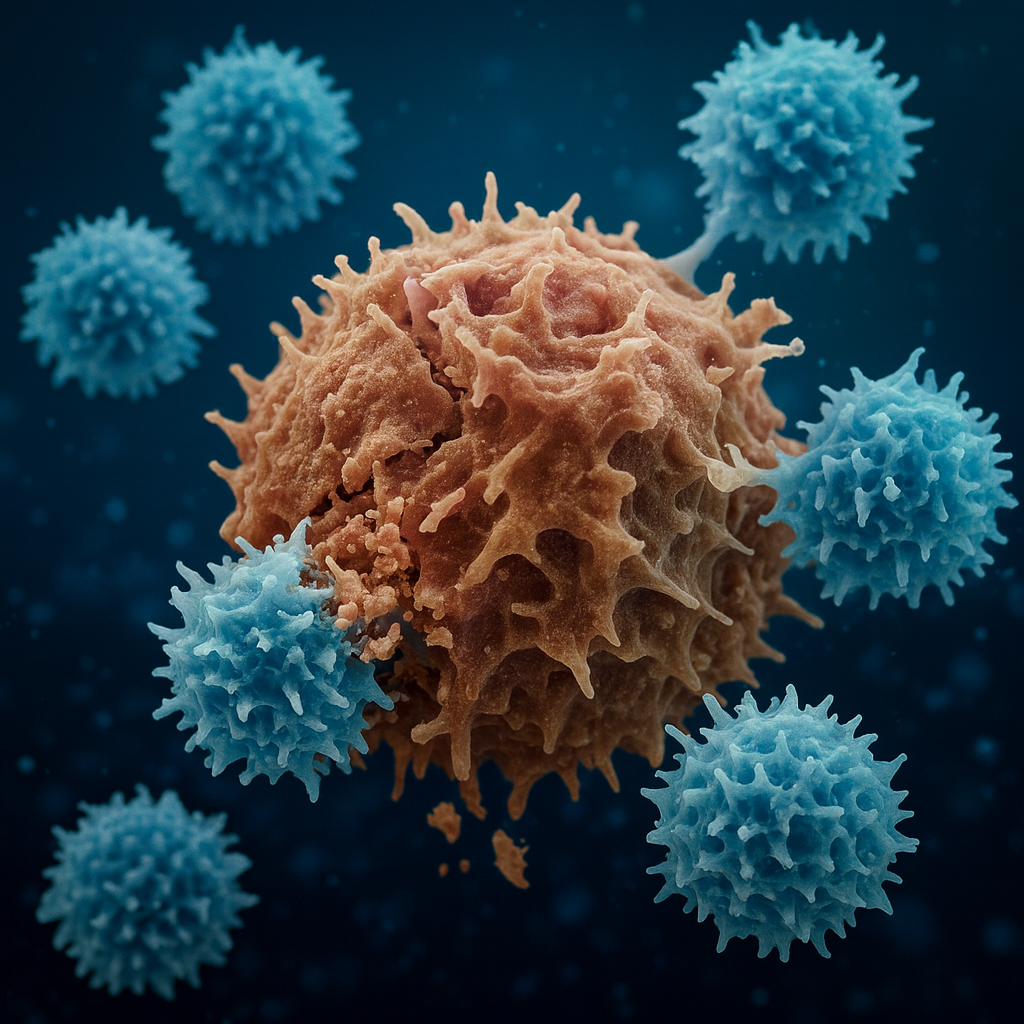 T cells attacking tumor showing therapeutic interaction
